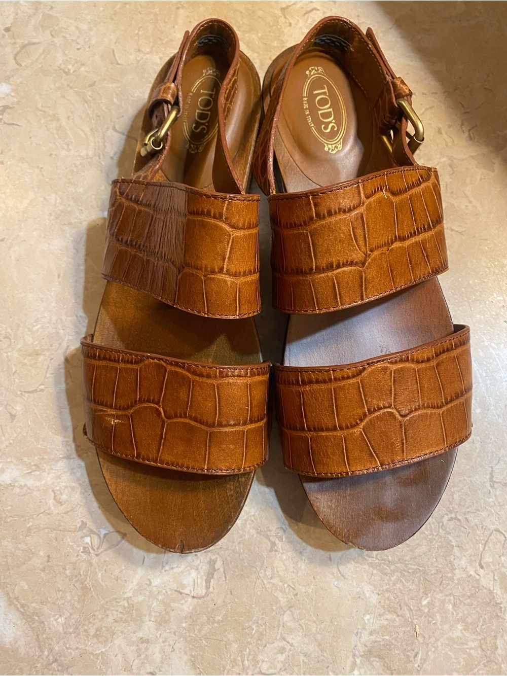 Tod's Brown Croc-Embossed Leather Double-Strap Sandals